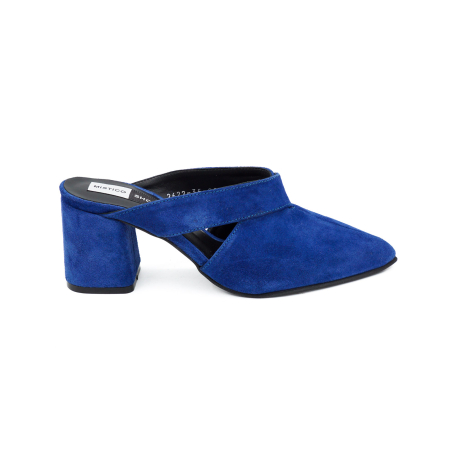 Sandale casual & sport dama - Saboti dama din piele naturala intoarsa albastru electric, cu varf ascutit stiletto si toc mic gros imbracat 6 cm 2926-4-26