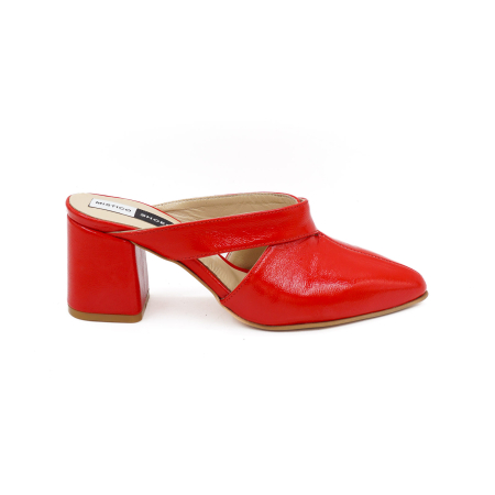 Sandale casual & sport dama - Saboti dama din piele naturala lacuita rosie, cu varf ascutit stiletto si toc mic gros imbracat 6 cm 2926-2-26