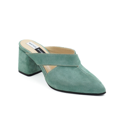 Saboti dama din piele naturala intoarsa verde deschis, cu varf ascutit stiletto si toc mic gros imbracat 6 cm 2926-5-26 [1]