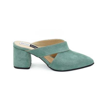 Sandale casual & sport dama - Saboti dama din piele naturala intoarsa verde deschis, cu varf ascutit stiletto si toc mic gros imbracat 6 cm 2926-5-26