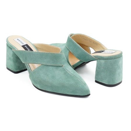 Saboti dama din piele naturala intoarsa verde deschis, cu varf ascutit stiletto si toc mic gros imbracat 6 cm 2926-5-26 [3]