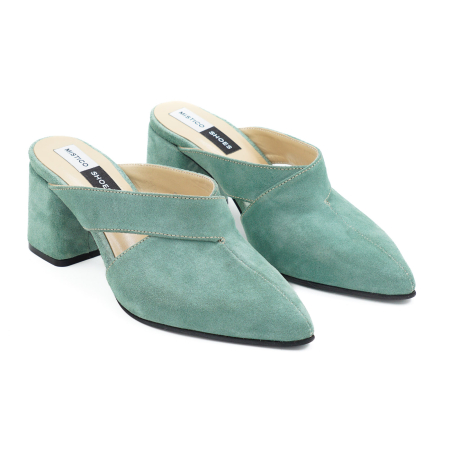 Saboti dama din piele naturala intoarsa verde deschis, cu varf ascutit stiletto si toc mic gros imbracat 6 cm 2926-5-26 [2]