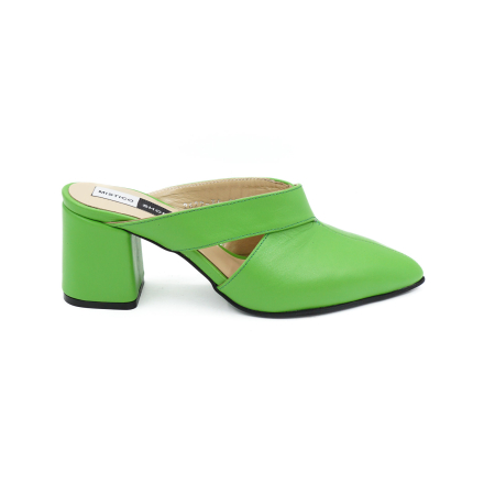 Sandale casual & sport dama - Saboti dama din piele naturala verde crud, cu varf ascutit stiletto si toc mic gros imbracat 6 cm 2926-7-26