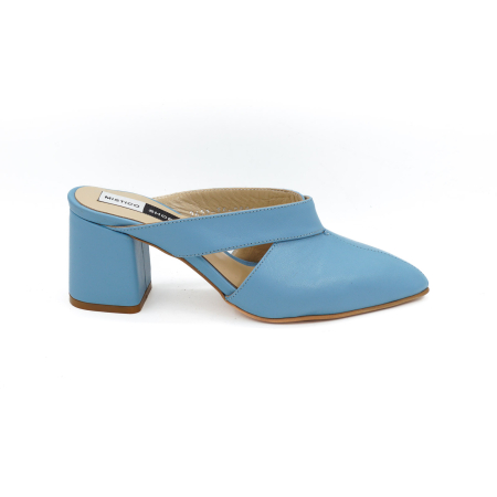 Sandale casual & sport dama - Saboti dama din piele naturala albastru deschis, cu varf ascutit stiletto si toc mic gros imbracat 6 cm 2926-3-26