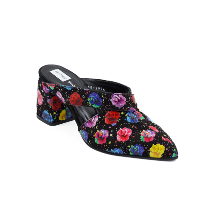 Saboti dama din piele naturala neagra cu imprimeu floral, cu varf ascutit stiletto si toc mic gros imbracat 6 cm 2926-8-26 [1]
