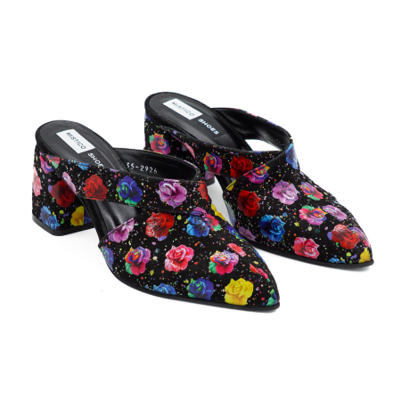 Saboti dama din piele naturala neagra cu imprimeu floral, cu varf ascutit stiletto si toc mic gros imbracat 6 cm 2926-8-26 [2]