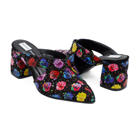 Saboti dama din piele naturala neagra cu imprimeu floral, cu varf ascutit stiletto si toc mic gros imbracat 6 cm 2926-8-26 [3]