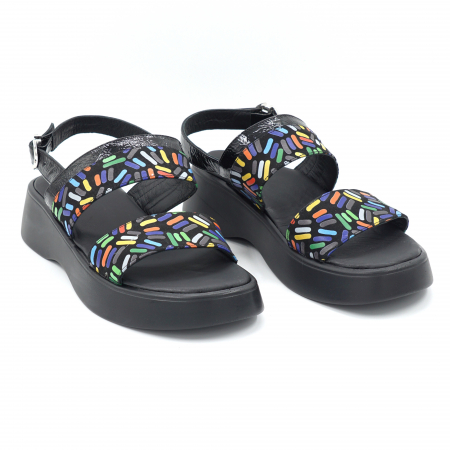 Sandale dama din piele naturala lacuita neagra si cu imprimeu multicolor cu varf rotund si talpa de 4 cm 0221-24 [1]