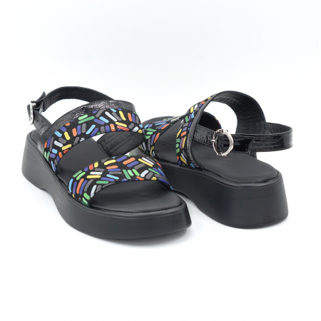 Sandale dama din piele naturala lacuita neagra si cu imprimeu multicolor cu varf rotund si talpa de 4 cm 0221-24 [3]