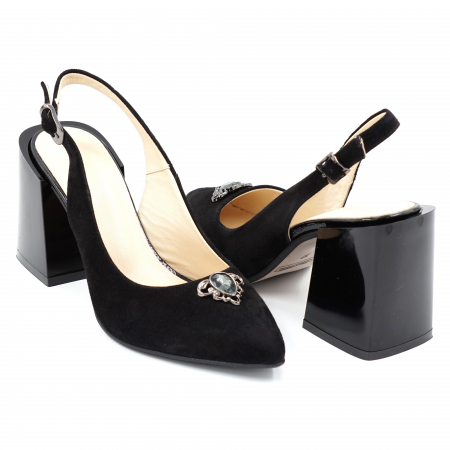 Sandale dama - Sandale dama din piele naturala intoarsa neagra cu varf ascutit stileto si toc mediu gros 8 cm 0324-24