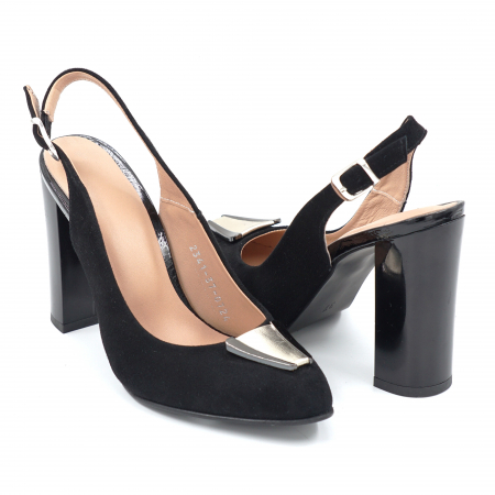 Sandale dama - Sandale dama din piele intoarsa neagra cu varf semiascutit si toc mediu gros 8 cm 0724-1-24