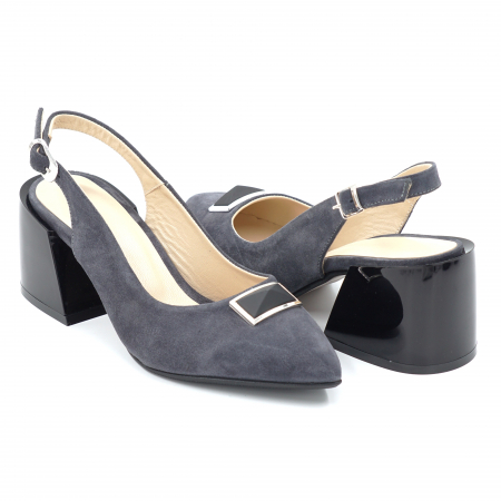 Sandale dama - Sandale dama din piele naturala intoarsa albastru gri petrol cu varf ascutit stileto si toc mic gros 6 cm 1024-24