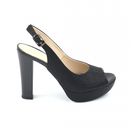 Sandale dama - Sandale dama din piele naturala lacuita neagra si cu imprimeu negru cu varf rotund, platforma 2 cm si toc inalt gros 11 cm 1026-15-24