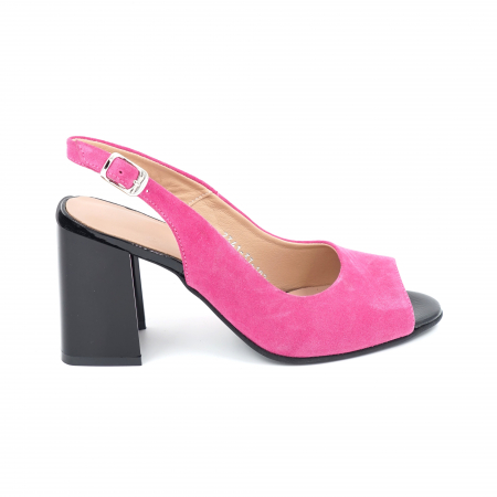 Sandale dama - Sandale dama din piele naturala intoarsa roz fucsia cu varf rotund si toc mediu gros 8 cm 1026-2-24