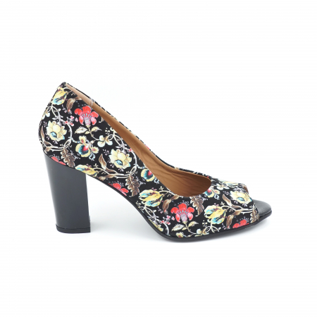 Sandale dama - Pantofi dama decupati din piele naturala cu imprimeu floral cu varf rotund si toc mediu gros 8 cm 1027-7-24