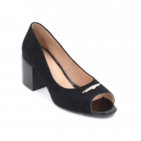 Pantofi dama decupati din piele naturala intoarsa neagra cu varf rotund si toc mic gros 6 cm 1028-24 [1]