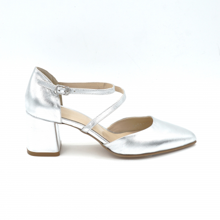 Sandale damă - Sandale dama din piele naturala argintie cu varf ascutit stileto si toc mic gros imbracat 6 cm 1037-24