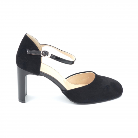Sandale dama - Sandale dama din piele naturala intoarsa neagra cu varf rotund si toc mediu subtire plat 8 cm 1042-3-24