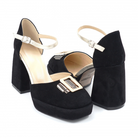 Sandale dama - Sandale dama din piele naturala intoarsa neagra si aurie cu varf patrat, platforma 2 cm si toc inalt gros imbracat 9 cm 1081-24