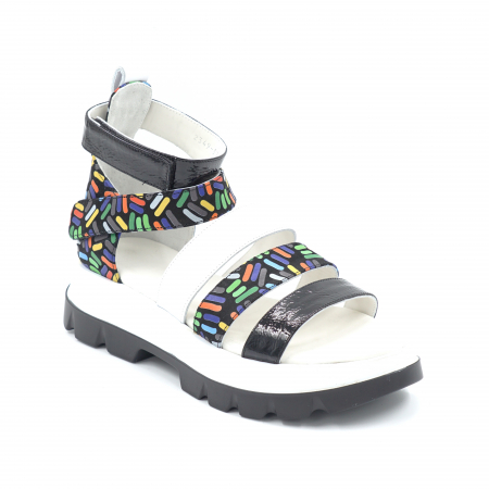 Sandale dama din piele naturala lacuita neagra, alba si cu imprimeu multicolor tip ROMANE cu varf rotund si talpa inalta 5 cm 3521-1-24 [3]