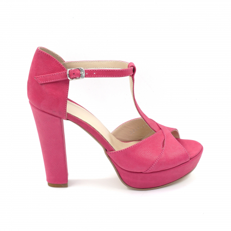Sandale elegant & office dama - Sandale dama din piele naturala roz fucsia sidefat cu varf rotund, platforma 2 cm si toc inalt gros imbracat 11 cm 6120-1-24