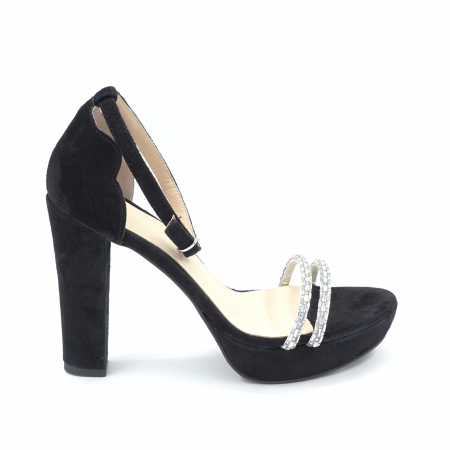 Sandale elegant & office dama - Sandale dama din piele naturala intoarsa neagra cu strasuri argintii, cu varf rotund, platforma 2 cm si toc inalt gros 11 cm 8816-1-24