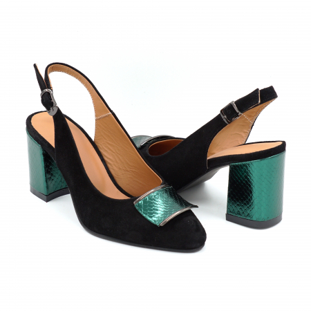 Sandale dama - Sandale dama din piele naturala intoarsa neagra si verde menta cu imprimeu sarpe cu varf ascutit si toc mediu gros imbracat 7 cm 0824-25