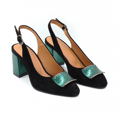 Sandale dama din piele naturala intoarsa neagra si verde menta cu imprimeu sarpe cu varf ascutit si toc mediu gros imbracat 7 cm 0824-25 [1]