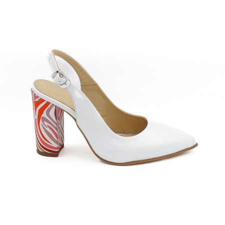 Sandale dama din piele naturala alba, cu varf ascutit stiletto si toc inalt gros imbracat 9 cm 0124-10-26 [4]
