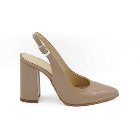 Sandale elegant & office dama - Sandale dama din piele naturala lacuita grej,cu varf ascutit stiletto si toc inalt gros imbracat 9 cm 0124-12-26