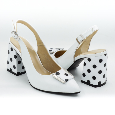 Sandale elegant & office dama - Sandale dama din piele naturala alba si cu buline negre, cu varf ascutit stiletto si toc mediu gros imbracat 8 cm 1044-1-26
