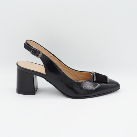 Lichidare stocuri - Sandale dama din piele naturala lacuita neagra, cu varf ascutit stiletto si toc mic gros de 6 cm 0924-2-26