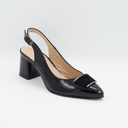 Sandale dama din piele naturala lacuita neagra, cu varf ascutit stiletto si toc mic gros de 6 cm 0924-2-26 [1]
