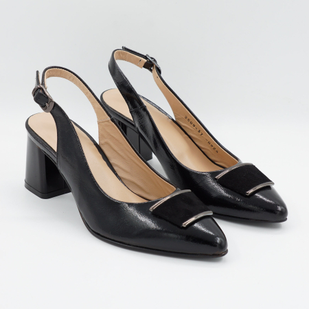 Sandale dama din piele naturala lacuita neagra, cu varf ascutit stiletto si toc mic gros de 6 cm 0924-2-26 [2]