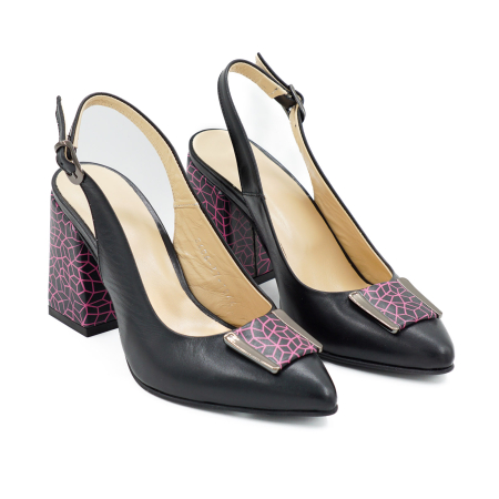 Sandale dama din piele naturala neagra si cu imprimeu fucsia, cu varf ascutit stiletto si toc mediu gros imbracat 8 cm 1044-26 [1]