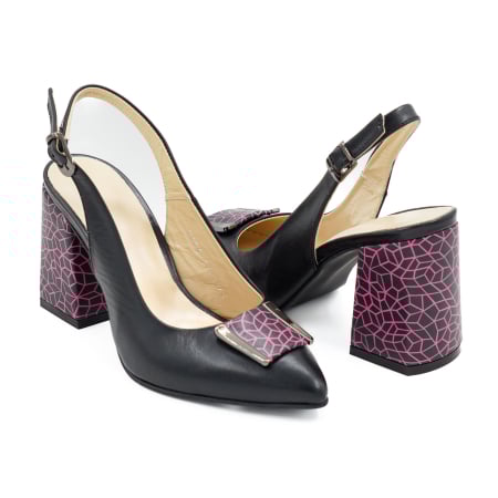 Dama - Sandale dama din piele naturala neagra si cu imprimeu fucsia, cu varf ascutit stiletto si toc mediu gros imbracat 8 cm 1044-26