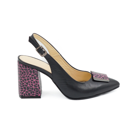 Sandale dama din piele naturala neagra si cu imprimeu fucsia, cu varf ascutit stiletto si toc mediu gros imbracat 8 cm 1044-26 [3]