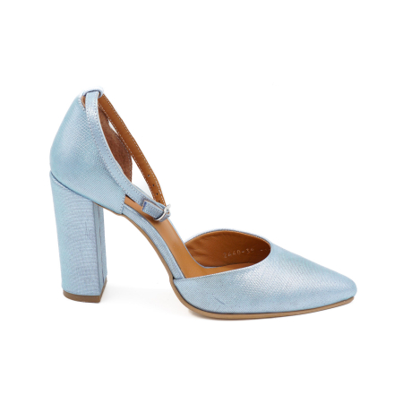 Sandale damă - Sandale dama din piele naturala albastru bleu metalizat, cu varf ascutit stiletto si toc inalt gros imbracat 9 cm 1041-24
