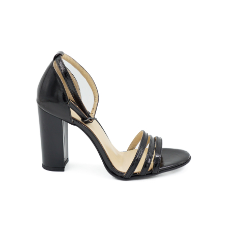 Sandale damă - Sandale dama din piele naturala lacuita neagra, cu varf rotund si toc inalt gros 9 cm 04017-1-26