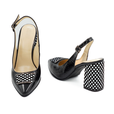 Sandale dama din piele naturala lacuita neagra si cu patrate albe, cu varf ascutit stiletto si toc mediu gros imbracat de 8 cm 0924-26 [2]