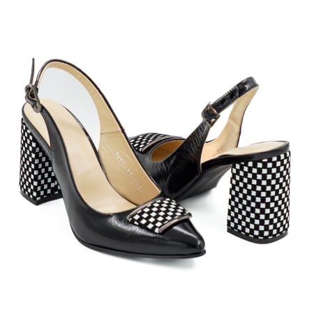 Dama - Sandale dama din piele naturala lacuita neagra si cu patrate albe, cu varf ascutit stiletto si toc mediu gros imbracat de 8 cm 0924-26