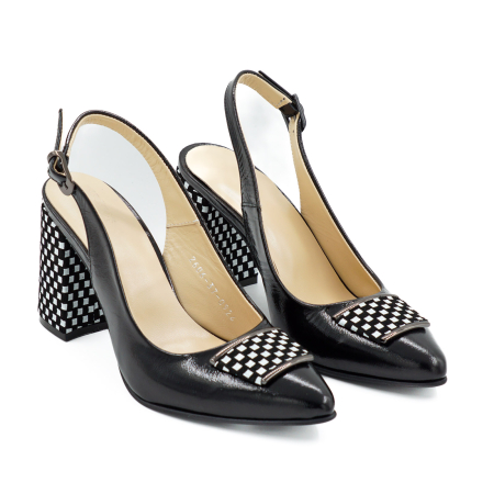 Sandale dama din piele naturala lacuita neagra si cu patrate albe, cu varf ascutit stiletto si toc mediu gros imbracat de 8 cm 0924-26 [1]