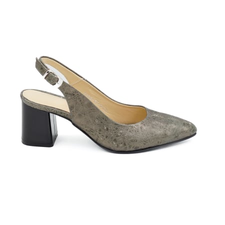 Lichidare stocuri - Sandale dama din piele naturala cu imprimeu 3D olive, cu varf ascutit stiletto si toc mic gros de 6 cm 0124-2-26