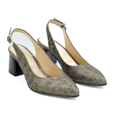 Sandale dama din piele naturala cu imprimeu 3D olive, cu varf ascutit stiletto si toc mic gros de 6 cm 0124-2-26 [2]