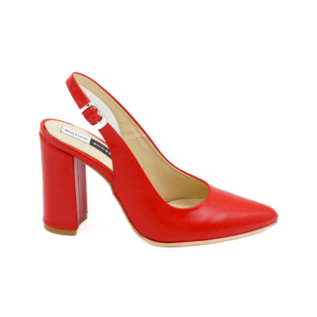 Dama - Sandale dama din piele naturala rosie cu varf ascutit stiletto si toc inalt gros imbracat 9 cm 0124-3-26