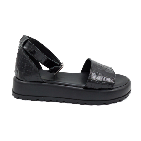 Sandale casual & sport dama - Sandale dama din piele naturala neagra cu imprimeu, cu varf rotund si talpa 4 cm 4721-3-26