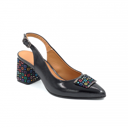 Sandale dama din piele naturala lacuita neagra si cu imprimeu multicolor cu varf ascutit stileto si toc mic gros imbracat de 6 cm 0924-25 [4]