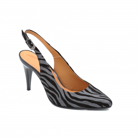 Sandale dama din piele naturala neagra cu imprimeu zebra gri cu varf ascutit stileto si toc mediu subtire 7 cm 0124-1-25 [1]
