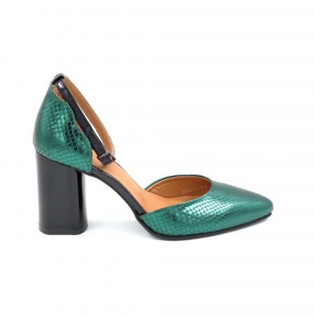 Sandale dama din piele naturala cu imprimeu sarpe verde metalizat, cu varf ascutit stiletto si toc mediu gros 8 cm 1035-25 [3]