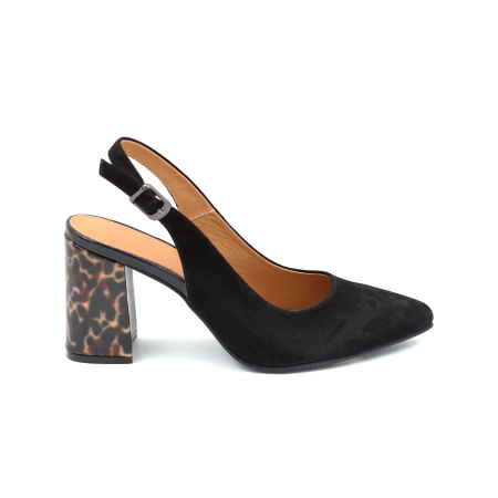 Lichidare stocuri - Sandale dama din piele naturala intoarsa neagra si cu imprimeu animal print, cu varf ascutit stiletto si toc mediu gros imbracat de 8 cm 0124-2-25